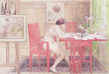 Modèle écrivant des cartes postales, 1906
